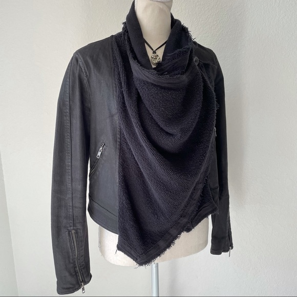 FREE PEOPLE BLACK SCARF WRAP AROUND BOHO FESTI DENIM MOTO JACKET SIZE 0 - Picture 7 of 11
